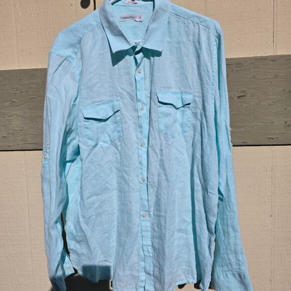 CK Calvin Klein XL Sized Aqua Linen Long Sleeved Shirt. - Picture 8 of 9